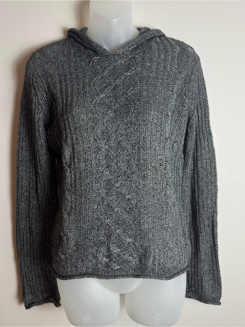Anthropologie Moth 100% Wool Gray Cable Knit V-Neck Hooded Pop Over Sweater